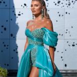 Ocean Blue Evening Gowns Pleated Off Shoulder Beadings Side Slit Ruched Prom Dresses Africa Arabia Celebrity Party Robe 
