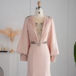 Elegant Blush Pink Mermaid Evening Dress Luxury Dubai Crystal Long Sleeve Formal Dress For Women Wedding Guest