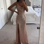 Glittering Pink Sequin Evening Dresses 2023 Party Prom Gowns V Neck Spaghetti Straps Sleeveless Robes De Soiree Recommen