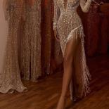 2023 V Neck Evening Gowns Women Party Dress Long Sleeves Sparkly Beaded Tassels High Slit Prom Dresses