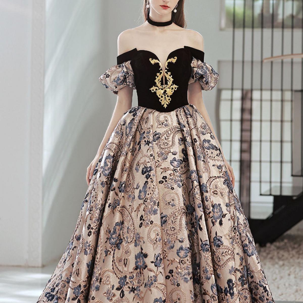 Elegant Evening Dresses Jacquard Applique Splice Color Vintage Flower A Line Off Shoulder Detachable Sleeve Formal Party