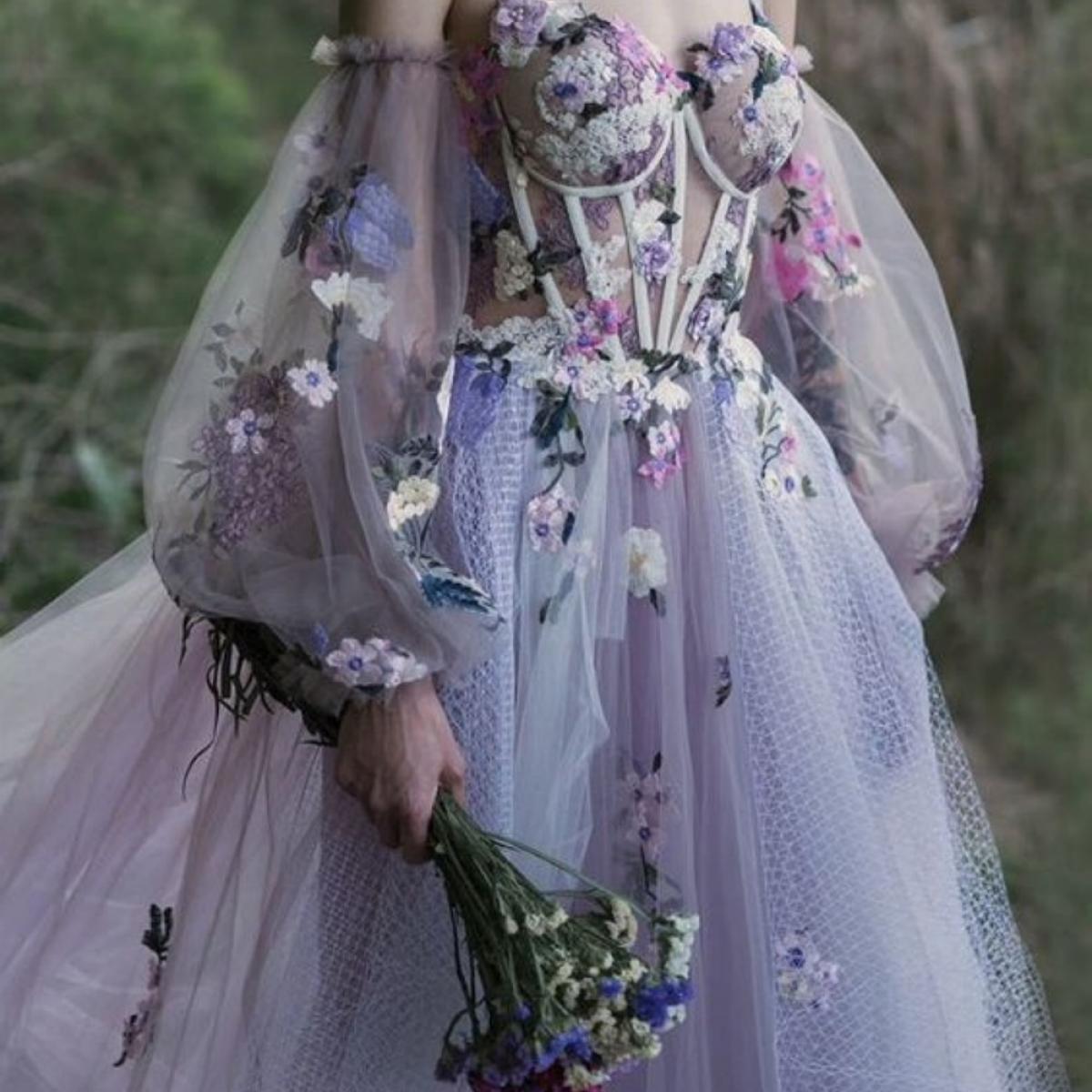 Unique Dusty Lavender Prom Dresses A Line Straps Off Shouder Applique Floral Women Formal Evening Gowns Illusion Exposed