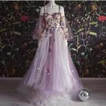Unique Dusty Lavender Prom Dresses A Line Straps Off Shouder Applique Floral Women Formal Evening Gowns Illusion Exposed