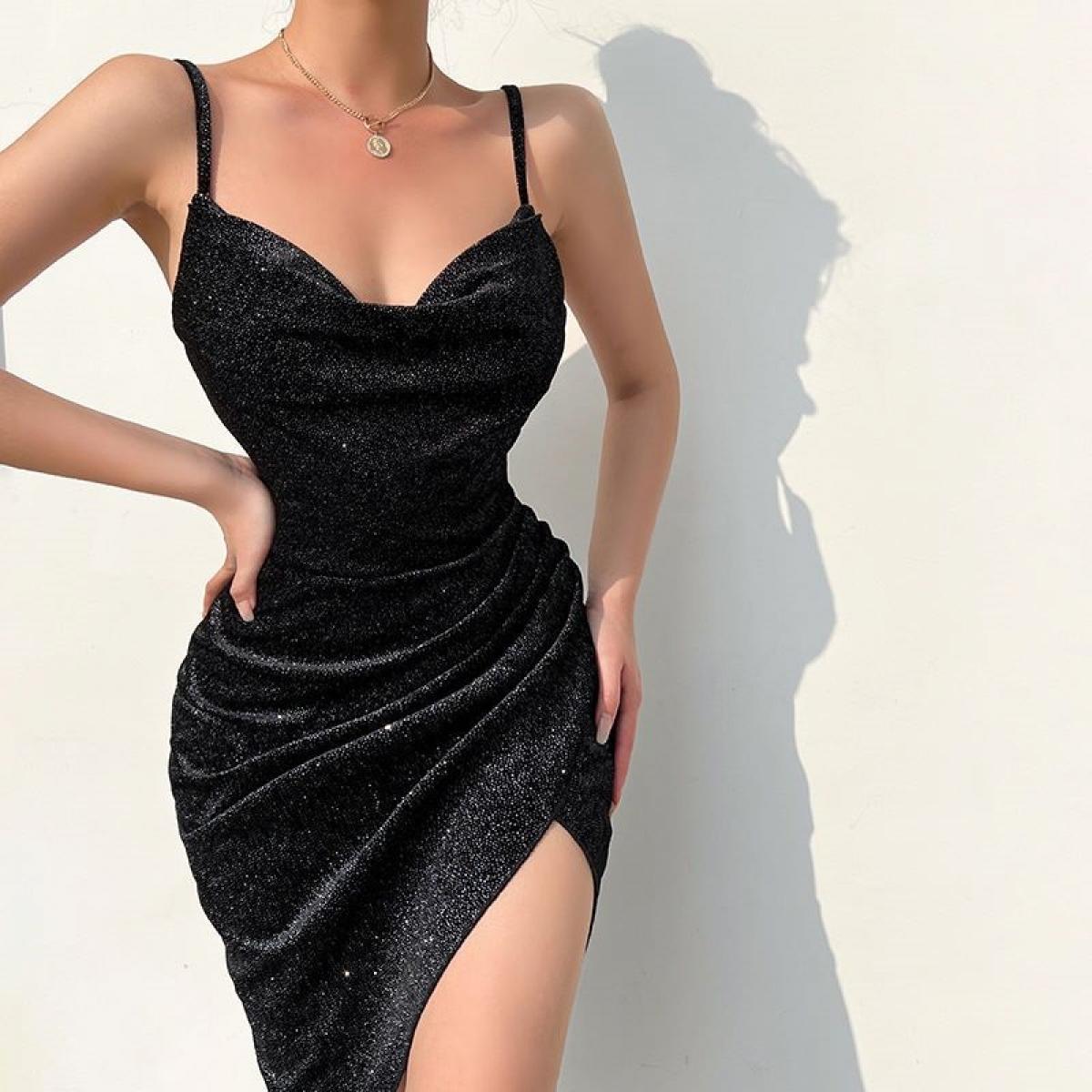 2023 verão novo vestido feminino veludo cor sólida brilhante material split fold suspender vestido de festa irregular