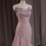 Rose Pink Mermaid Evening Dresses Pleat Asymmetry Chain Shiny Sequined Long Slim Fairy French Celebrity Prom Party Gowns