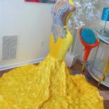 Yellow Sheer O Neck Long Prom Dress For Black Girls Beaded Crystal Diamond Birthday Party Gown Ruffles Evening Gowns Mer