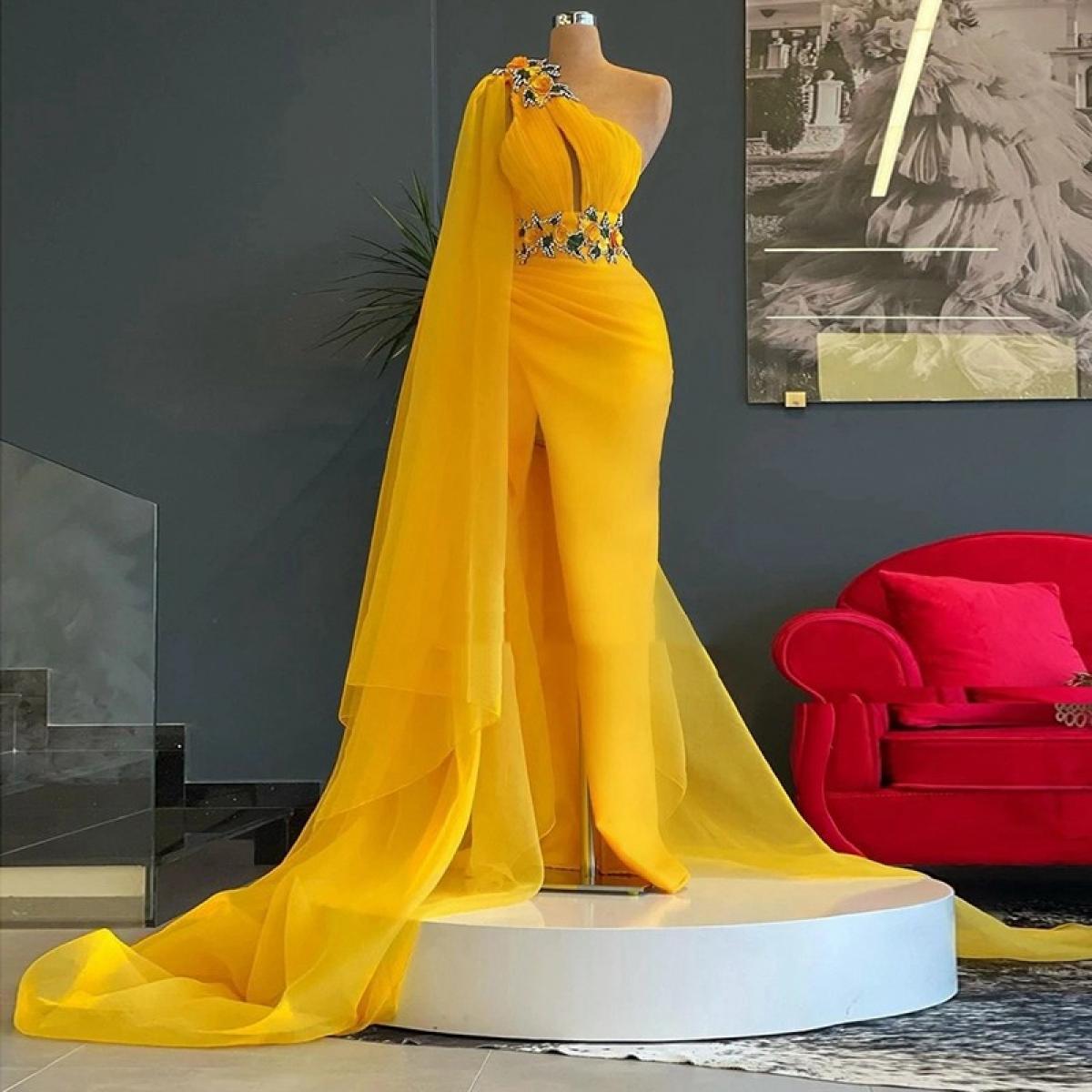 2023 High Quality Yellow Prom Dress One Shoulder Appliques Slit Tulle Plus Size Women Long Formal Evening Party Elegant