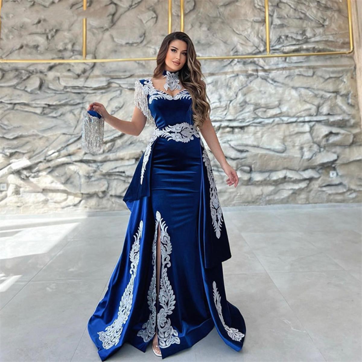 2023 Evening Dress Lace Cap Sleeve Royal Blue Velvet Appliques Mermaid Slit Arabic Prom Gowns Dress