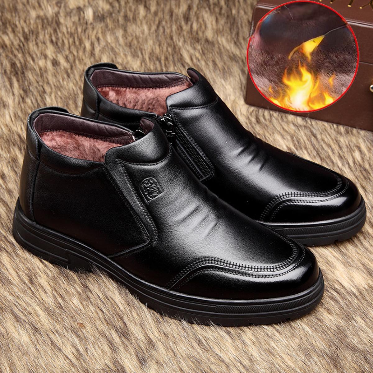 Winter Men's Thickened Leather Boots Business High Top Cotton Shoes Round Head Non Slip Comfort Walking Flats Botas Homb