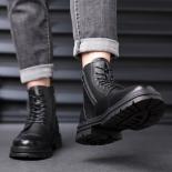 Men's Retro Leather Boots Lace Up Side Zip High Top Platform Shoes British Style Trendy Motorcycle Boots Botas Militares