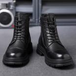 Men's Retro Leather Boots Lace Up Side Zip High Top Platform Shoes British Style Trendy Motorcycle Boots Botas Militares