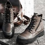Retro Leather Boots For Men Handmade Round Head Hiking Shoes Lace Up Side Zipper Walking Platform Boots Botas Militares 