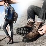 Retro Leather Boots For Men Handmade Round Head Hiking Shoes Lace Up Side Zipper Walking Platform Boots Botas Militares 