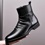 Men's Leather Boots Round Toe Internal Heightening Motorcycle Boots Side Zipper Thick Bottom Hiking Shoes Botas De Cuero