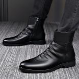 Men's Leather Boots Round Toe Internal Heightening Motorcycle Boots Side Zipper Thick Bottom Hiking Shoes Botas De Cuero