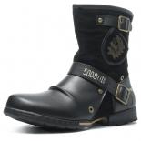 Men's Leather Boots Vintage Belt Buckle Round Head Plus Size Western Cowboy Boots Walking Platform Shoes Botas Seguridad