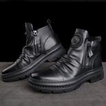 Men's Motorcycle Leather Boots British Style Round Head High Top Shoes Side Zip Walking Casual Platform Boots Bota Mascu