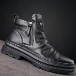 Men's Motorcycle Leather Boots British Style Round Head High Top Shoes Side Zip Walking Casual Platform Boots Bota Mascu
