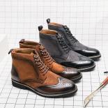Men's Classical Retro Carved Brogue Leather Boots Suede Men Fashion Ankle Boot Mens Lace Up Short Boots High Top Shoes