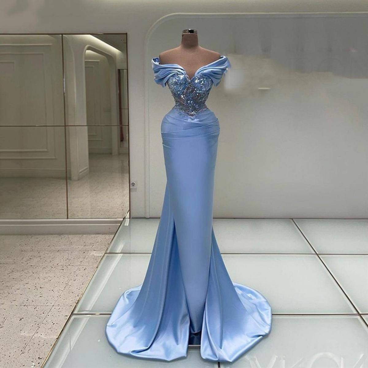 Sky Blue Mermaid Evening Dresses Off The Shoulder Sequins Prom Dress Saudi Arabia Modern Side Split Party Dress 2023