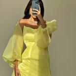 Women's Long Yellow Muslim Evening Dresses Sheath Tea Length Pleated Robes De Soirée Stretchy