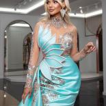 Glamorous Lake Blue Evening Gowns High Illusion Long Sleeves Prom Gowns Rhinestones Side Split Party Dresses Custom Made