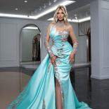 Glamorous Lake Blue Evening Gowns High Illusion Long Sleeves Prom Gowns Rhinestones Side Split Party Dresses Custom Made