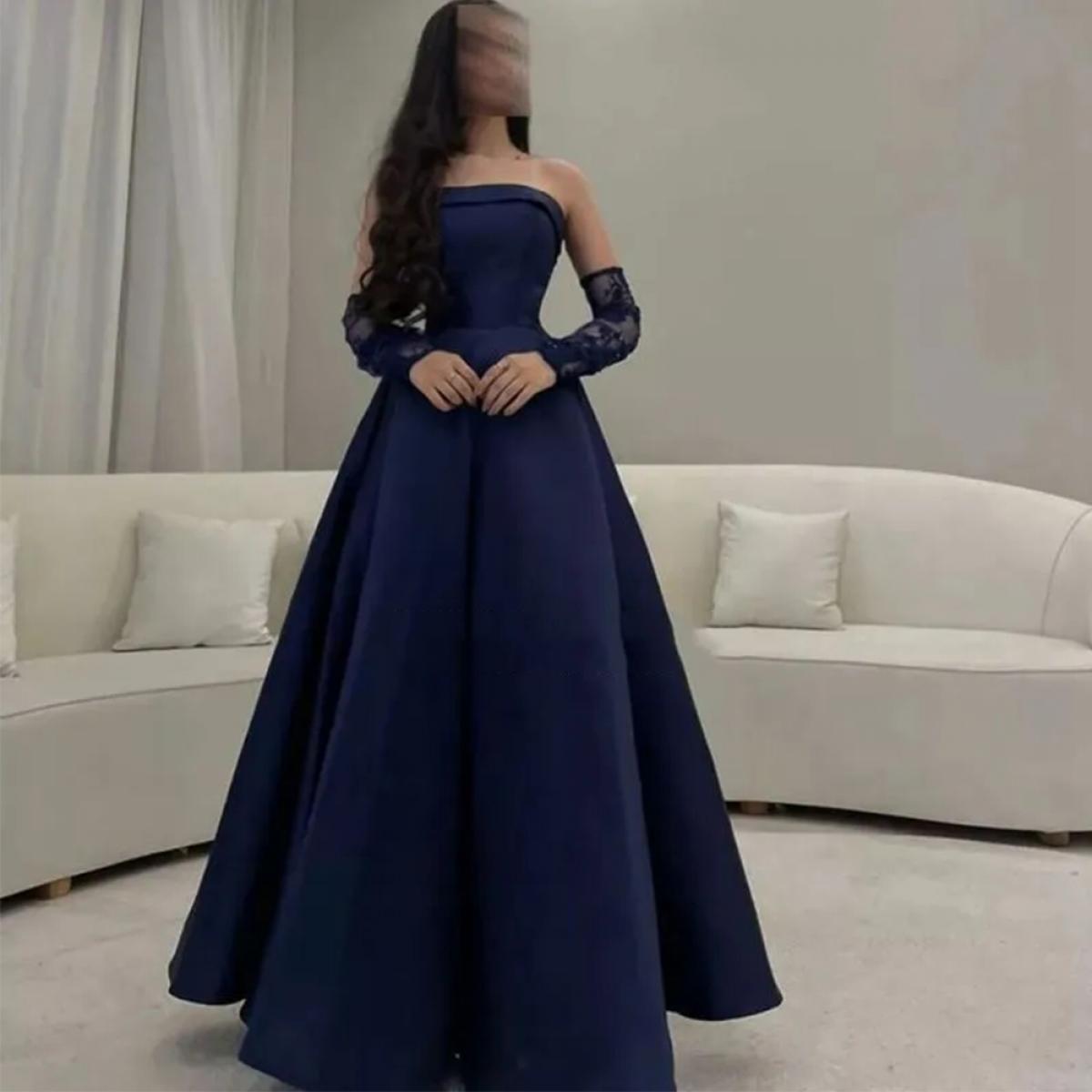 Navy Blue Lace Sleeves Prom Dresses Women 2023 Off The Shoulder Satin Saudi Arabia Robes De Soirée Formal Evening Gown 