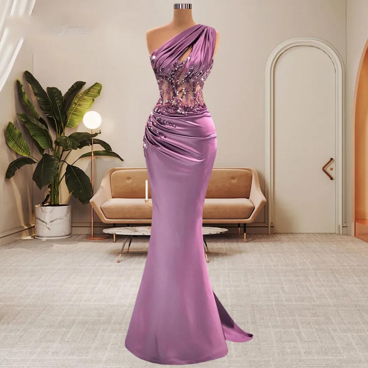 152,86 US$-Vestidos de Noche de sirena de un hombro para mujer, vestidos  árabes de cintura con cuentas para graduación, vestidos de fiesta  -Description