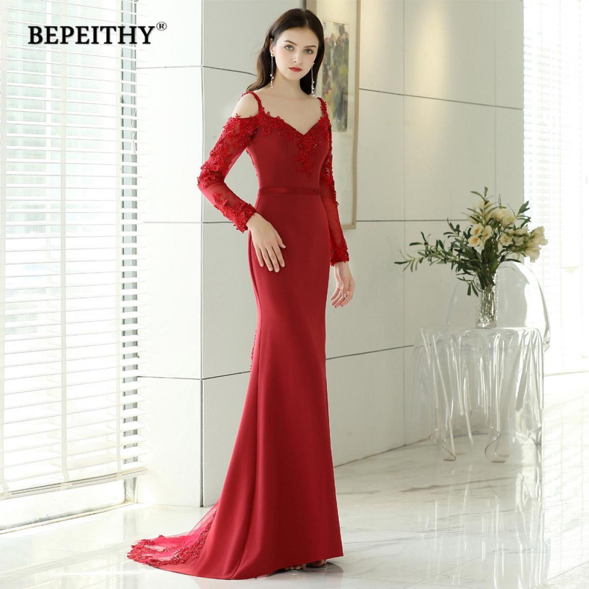 Bepeithy  New Design Mermaid Long Evening Dress Party Elegant Vestido De Festa  Backless Prom Gowns Full Sleeves Hot  Pr