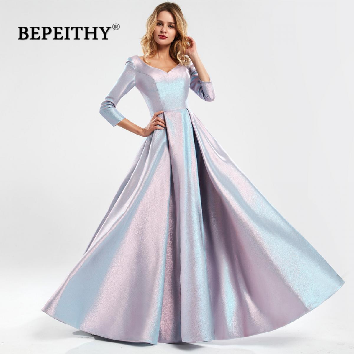 Bepeithy Glitter Aline Long Evening Dress With Three Quarter Sleeves Vintage Robe De Soiree Vneck Promdresses   Evening 