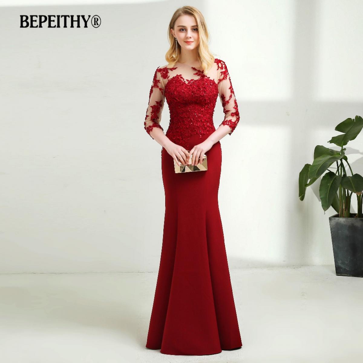 Vintage Oneck Mermaid Long Evening Dress Sheer Three Quarter Sleeves Elegant Floor Length Dark Red Prom Dresses  New  Ev