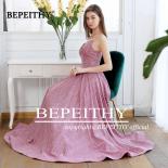 Bepeithy Pink V Neck Long Prom Dresses Criss Cross Back Sparkle Fabric Evening Dress Party Elegant 2022 Robe De Soiree  