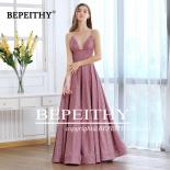 Bepeithy Pink V Neck Long Prom Dresses Criss Cross Back Sparkle Fabric Evening Dress Party Elegant 2022 Robe De Soiree  