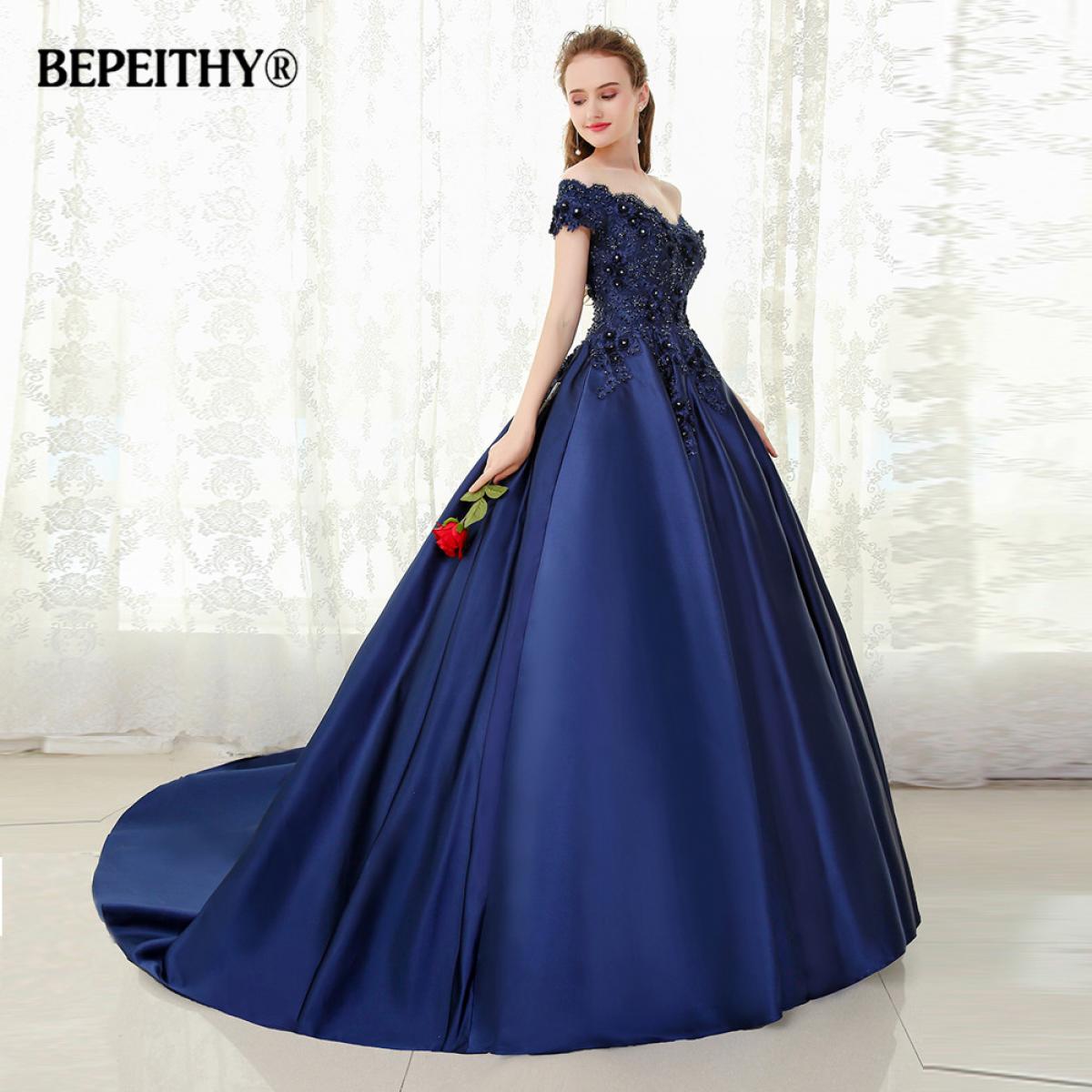 Bepeithy Vneck Navy Blue Long Evening Dress For Women Lace Vintage Prom Gowns Vestido De Festa Off The Shoulder Sleevele