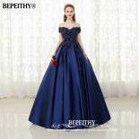 Bepeithy Vneck Navy Blue Long Evening Dress For Women Lace Vintage Prom Gowns Vestido De Festa Off The Shoulder Sleevele