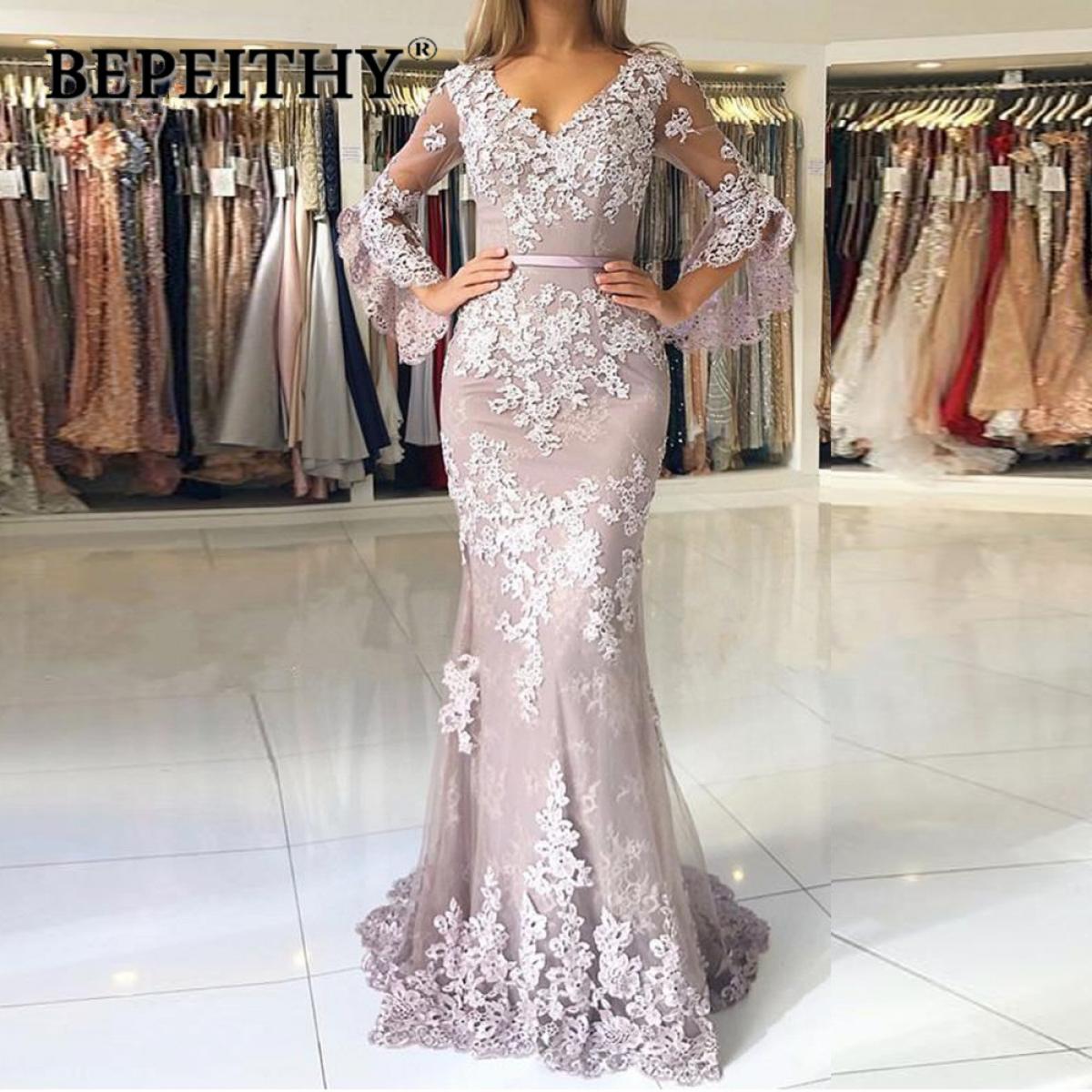 Muslim Mermaid Evening Dresses With Sleeves Vestidos Largos Lace Islamic Dubai Lebanon Elegant Long Party Prom Gowns 202