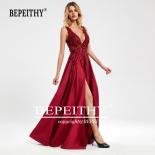 Bepeithy Burgundy Dresses For Women Party Wedding Evening Elegant A Line Prom Dress  High Slit Shining Lace Cocktail Gow