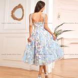 Gorgeous Prom Dresses Spaghetti Strap Sleeves A Line Evening Dress Flowers Party Gowns Illusion Tea Length Tulle فسا