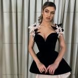  Black Cocktail Dresses V Neck Luxury Evening Dress Sleeveless Flowers Beads Pleat Mini Formal Party Gowns فساتين 