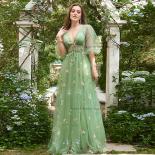  Green Tulle Prom Dresses V Neck Half Sleeves Party Gowns Flowers Evening Dress Floor Length A Line Illusion فساتي
