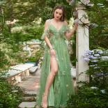 Green Tulle Prom Dresses Spaghetti Strap Flowers Party Gowns Front Slit Evening Dress Floor Length A Line فساتين 