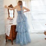 Exquisite Blue Tulle Prom Dresses 2023 High Neck Illusion Formal Evening Gowns Flowers A Line Party Gowns Tiered Dresses