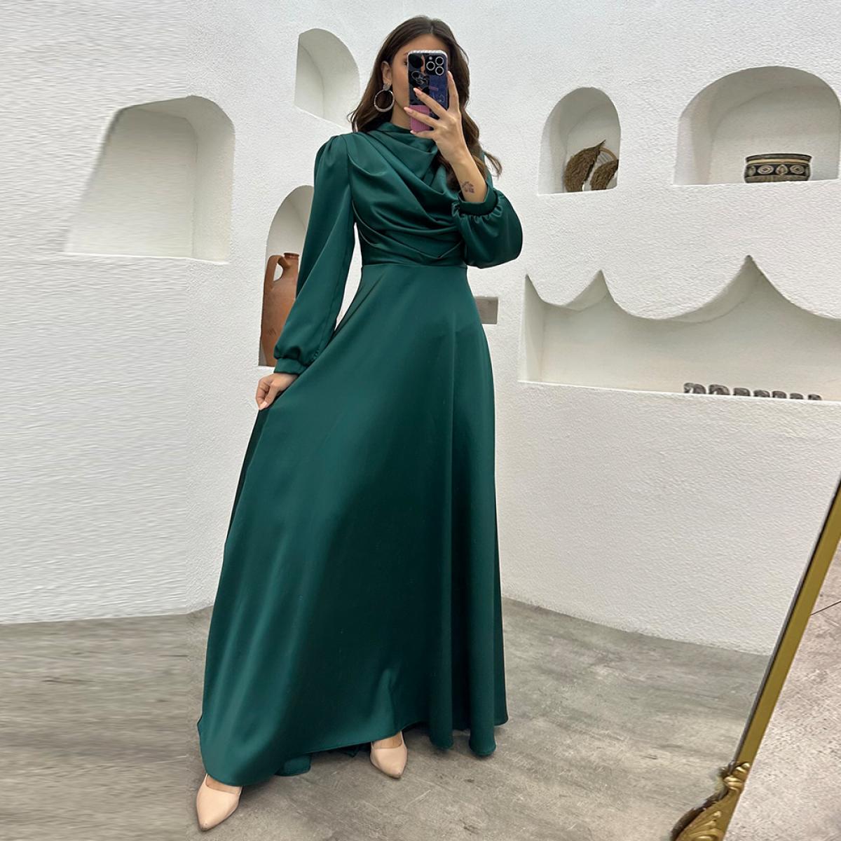 Green Satin Prom Dresses Muslim Floor Length O Neck Full Sleeve Dubai Arabic Formal Occasion Dresses Prom Dresses
