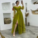 Green Prom Dresses 2023 New Arrived Off The Shoulder Floor Length V Neck Wedding Guest Gowns Bow Belt Side Split جدي