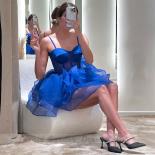 רצועת ספגטי כחולה שמלות מסיבה מעל הברך מתוקה טול שמלות לאירוע רשמי שרוכים גב חדשה בשמלה