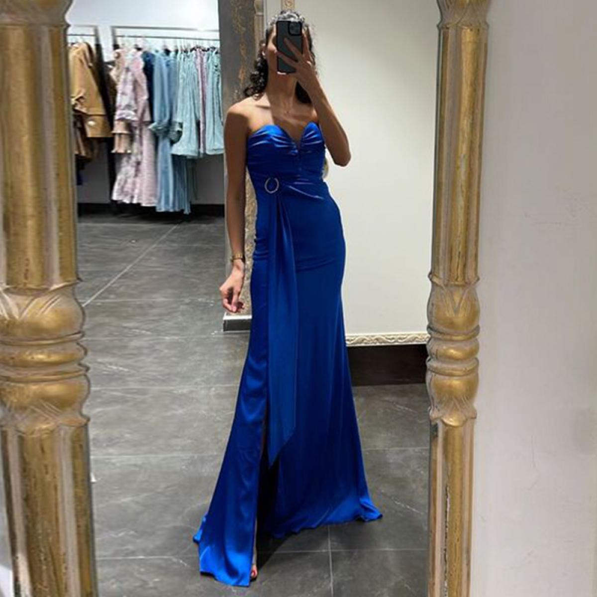 שמלות ערב בתולת ים סאטן כחולה באורך הרצפה מתוקה שמלות אירוע רשמי רוכסן מפוצל בצד 2023 מסיבת חתונה