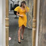 Yellow Tulle Sheath Elegant Party Dress For Women 2023 Short Puffy Sleeve V Neck  Prom Gowns Custom Made Robes De Soiré