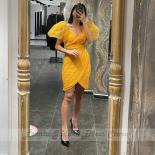 Yellow Tulle Sheath Elegant Party Dress For Women 2023 Short Puffy Sleeve V Neck  Prom Gowns Custom Made Robes De Soiré