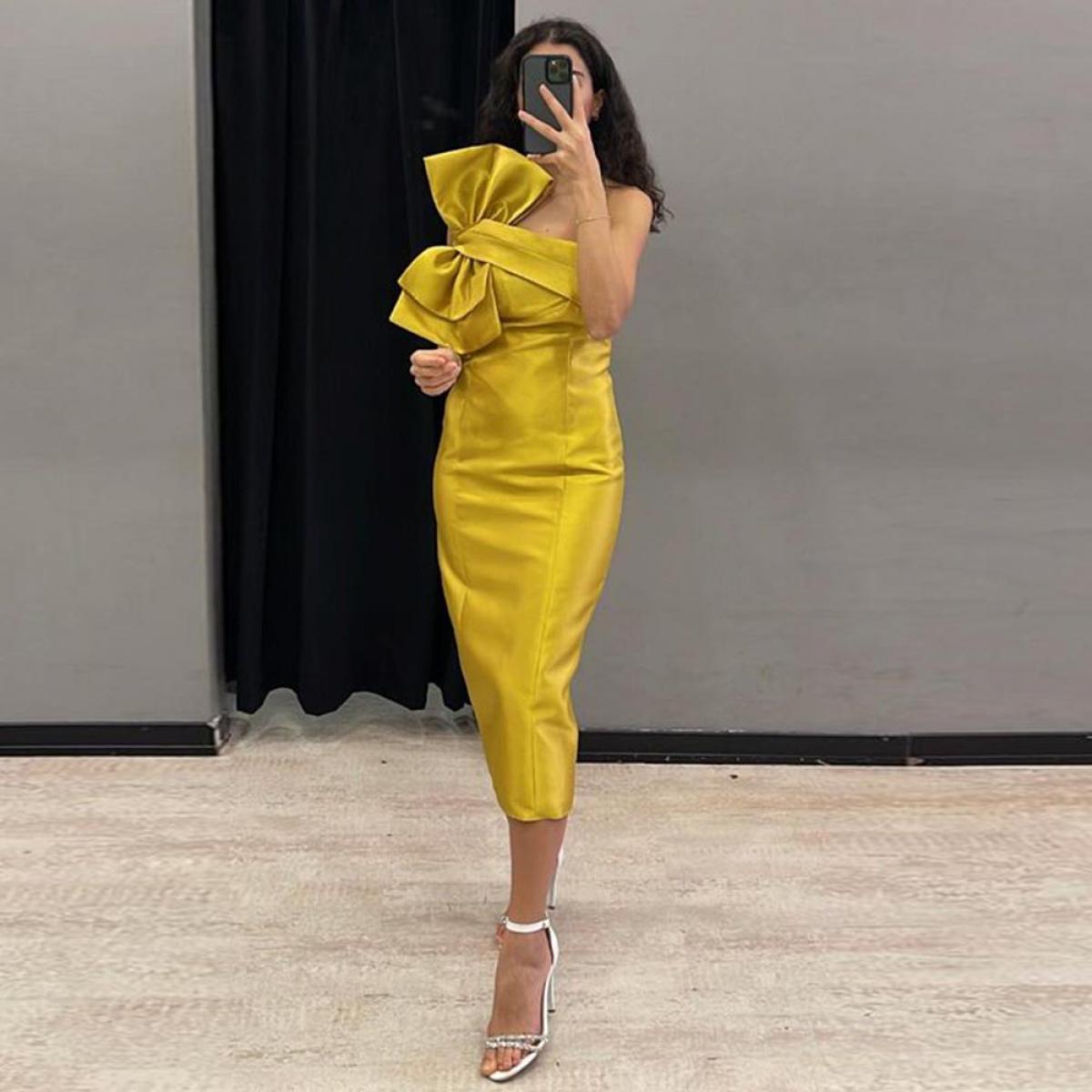 Yellow Satin Mermaid Party Dresses For Women 2023 Summer Tea Length With Bow Side Split Zipper Custom Made Women's Eveni